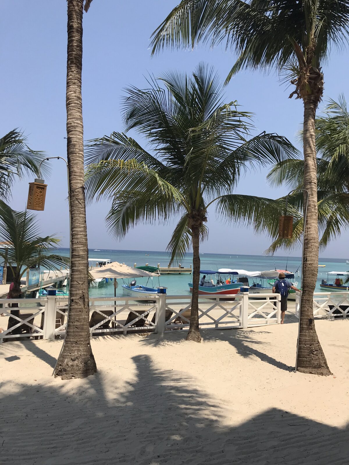 Palm trees, white sand and boats at West Bay Beach